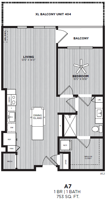 A floor plan of apartment A7 with a living room, bedroom, and dining area.